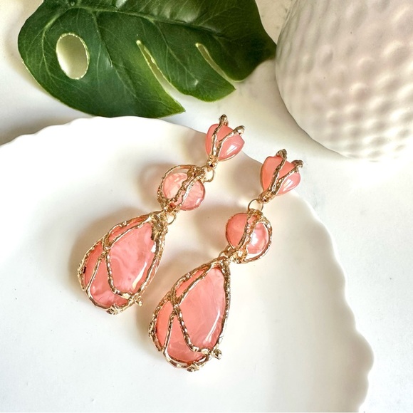 2/$30🌵 Peach Large Stone Drop Gold Cage Earrings Statement Long Jewelry NEW - Picture 5 of 9
